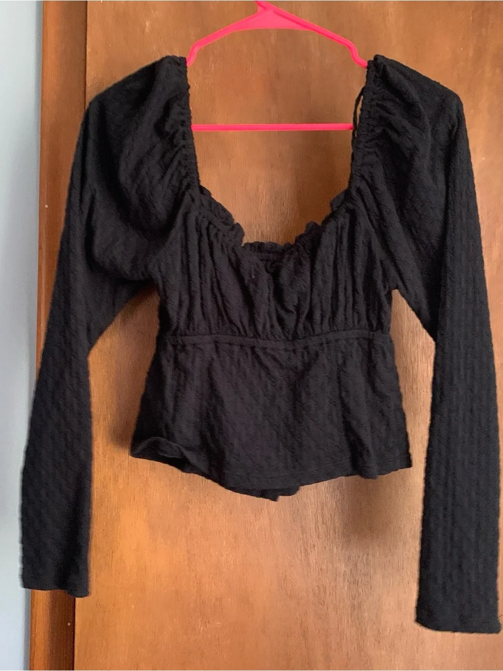 Free People Black Ladybug Puff Sleeve Crop Top Button-down Square Neck Top
